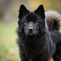 A samojed dog with black fur, bokeh, 90mm