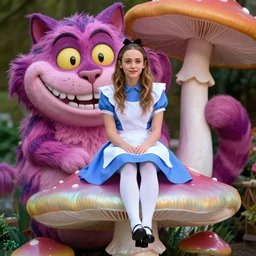 very young winona ryder dressed as alice from alice in wonderland, sits on a giant iridescent mushroom, a huge cheshire cat's smiling face can bee seen behind her