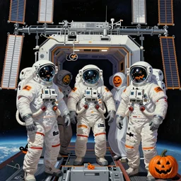 astronauts inside the international space station wearing spooky costumes during halloween, modern comic painting