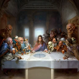 still dnd last supper, symmetric, paladin at center, goblin, mage, skeleton, orc, troll, golem, 8 k, deep focus, d & d, fantasy, intricate, elegant, highly detailed, digital painting, artstation, concept art, matte, sharp focus, illustration, hearthstone, art by boris valejo