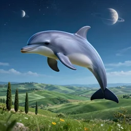 highly detailed cinematic scifi render of a flying dolphin over the tuscany skies, cypresses and hills, stars and planets, hyper detailed, digital art, led lighting, studio quality, smooth render, unreal engine 5, octane render, trending on artstaion.