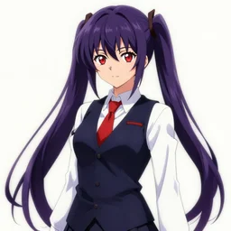 anime drawing of julianne stingray ( from va - 1 1 hall - a ), anime, long dark purple hair, twin pigtails, dark navy blue vest, white dress shirt, red tie, red irises, digital art, 8 k, 4 k, masterpiece, trending on artstation, art by christopher ortiz