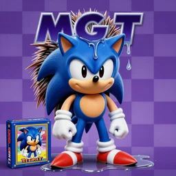 surreal, sharp, detailed professional, high quality airbrush art portrait MGMT album cover of a liquid dissolving DMT sonic the hedgehog, purple checkerboard background, 1990s 1992 Sega Genesis video game box art sonic the hedgehog