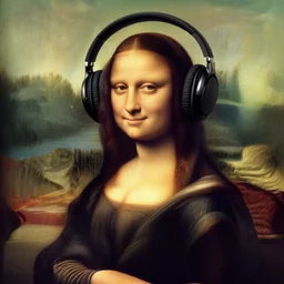 negative negative nope nope no no not no not no not mona lisa wearing headphones on her head over her ears