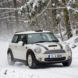a 2 0 1 1 mini john cooper works clubman, racing through a rally stage in a snowy winter forest