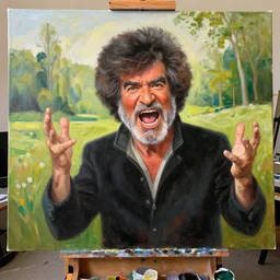 old!!!!!!!!!!!!!!!!!!! bob ross is sad and frustrated and angry and yelling!!!!!!!!!!!!!!! at a huge painting of nature!!!!!!!!!! by bob ross, grey hairs, masterpiece, trending on artstation