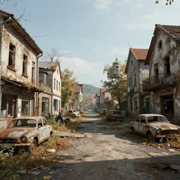 low wide angle shot of dilapidated fallout 5 europa, retro futuristic overgrown euro rural town, decrepit shopping street, dilapidated european houses, few rusted retro futuristic vintage parked vehicles like cars, volumetric lighting, photorealistic, daytime, autumn, cold sunny weather, sharp focus, ultra detailed, 4 2 0 0 k