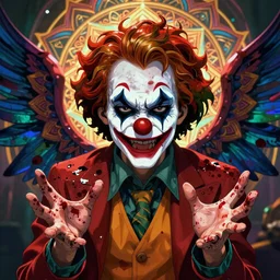 4K headshot of godlike clown with clown nose and defined arms and open hands and bloody clothes with giant mandala wings , intricate runny clown face make-up , flawless anime cel animation by Kentaro Miura, psychedelic , highly detailed upper body , professionally post-processed , beautiful, scary, symmetry accurate features, epic, octane rendered, anime masterpiece, accurate