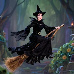 iconic scene from wizard of oz of the wicked witch riding broom.
