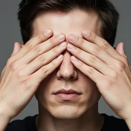 man holding his hands over his eyes, photorealistic, lifelike, OLED, DSLR HDR 8k, face is the focus, facial feature symmetry, hyper composed, deviantart - n 6