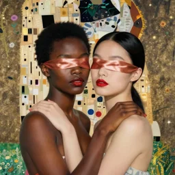 Woman holding another woman, one black, the other Asian, both have red lips, silk ribbon over eyes, Gustav Klimt style, against a background of flowers,