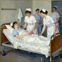 vintage beautiful painting of a few nurses taking care of a patient sitting in a bed inside a sanatorium in Mary Cassatt style