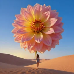 closeup giant dahlia flower over head, girl walking between dunes, surreal photography, sunrise, blue sky, dramatic light, impressionist painting, digital painting, artstation, simon stalenhag