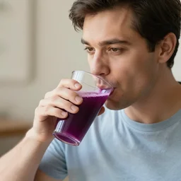 a man drinking a cup of purple juice