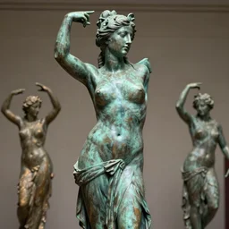 detailed photo of an old bronze patina statue of mika kunis, full body portrait, various seducing pose, aphrodite, venus, photorealism, intricate detail, museum diffuse lighting