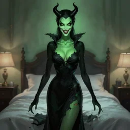gorgeous eva green, evil demon, full body shot, torn black dress, evil smile, spooky, illustration, symmetrical face realistic symmetrical eyes, bedroom setting, cinematic lighting, artgerm, hyperdetailed, charlie bowater, beautiful, elegant, diego fazio