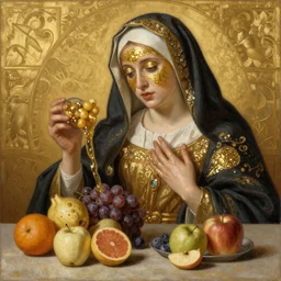 1 9 8 4 masterpiece ultrarealistic ultradetailed painting of catholic veiled lady beside fruits, still life, greg rutkowski, immerse, slime, 2 1 th century, special effects makeup, maximalist, glittering, gold, ivory, hyperreal, golden ratio, alphonse mucha