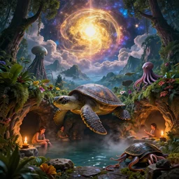 fantasy fairytale story, great leviathan turtle, reptilian cyborg, cephalopod, squid terrapin, cthulhu, mysterious island, center universe, hybrid, intense fantasy atmospheric lighting, hyper realistic, jessica rossier, michael cheval, michael whelan, cozy, hot springs hidden cave, forest, candlelight, natural light, lush plants and flowers, spectacular mountains, bright clouds, luminous stellar sky, outer celestial worlds, golden dapple lighting, solar flare unreal engine, hd,