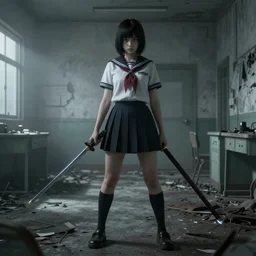 School girl holding a katana and standing on an abandoned hospital room, gloomy and foggy atmosphere, octane render, artstation trending, horror scene, highly detailded