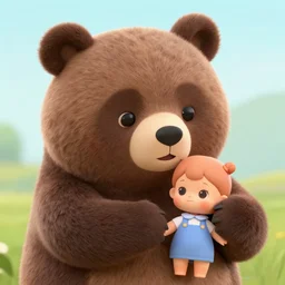 a real bear playing with a doll's toy.. cartoon. digital art. high quality. high fidelity. cute.
