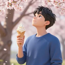 a person holding an ice cream sundae, standing under a cherry tree, looking up