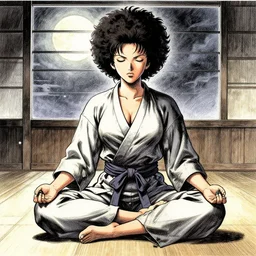 of a afro samurai anime style pencil and ink manga drawing of scarlett johansson meditating in the middle of a dojo with dramatic moonlight coming in through the window.