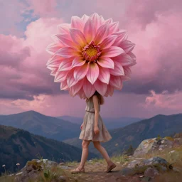 giant dahlia flower crown on head, girl walking on mountain, surreal photography, pink storm clouds, dramatic light, impressionist painting, digital painting, artstation, simon stalenhag