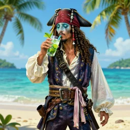 a portrait of a translucent male pirate ghost peacefully drinking a mojito on a tropical island, long pirate dress, digital art, sharp focus, hyper realistic, highly detailed by peter mohrbacher, artgerm, wlop, wayne barlowe, boris vallejo and paolo eleuteri serpieri