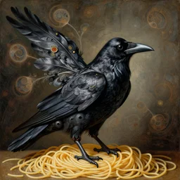 a raven made of spaghetti, intricate and elegant feathers made of fractals of spagetthi, highly detailed, by giuseppe arcimboldo and ambrosius benson, renaissance, romanticism, intricate and intense oil paint, a touch of beksinski and takato yamamoto, realistic