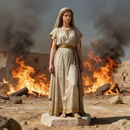 pillar of salt shaped like a 30 year old woman in Biblical clothing. Fiery destruction of Sodom and Gomorrah. digital art by Dan Mumford and Peter Mohrbacher, highly detailed, trending on ArtStationHQ