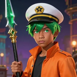 colorful and Festive Captivating teenager boy with straight green emerald hair, green eyes, serious look, dark skin tone, wearing a white captain hat and orange jacket, holding a green emerald spear. rich vivid colors, ambient lighting, dynamic lighting, 4k, atmospheric lighting, painted, intricate, highly detailed by Charlie Bowater
