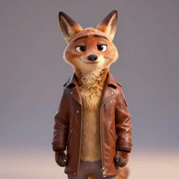 portrait, 3d render , anthropomorphic coyote male , wearing along brown leather jacket , in the style of Zootopia