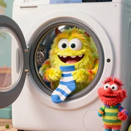 silly monster inside dryer, ( eating socks ), by rudolf hausner and jim henson, thomas kinkade, 3 d model, octane render, daytime made in blender, trending on artstation, trending on nightcafe, unreal engine, behance, wallpaper 4 k, realism, bright loud colors