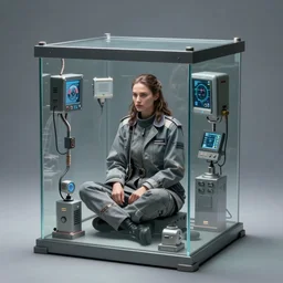 a extremely realistic digital image of a stunning woman imprisoned in a four-dimensional glass box, with extremely realistic machines watching over her by Andrea Chiampo, artstation and Frederik Heyman, extremely detailed woman, stunning volumetric lighting, hyper realism, fantasy 4k