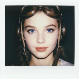 a polaroid film portrait stil of an confident 1 9 5 0's aviator disney style girl, blue eyes, finely detailed features, closeup at the faces, perfect art, in the airport yard, gapmoe yandere grimdark, trending on pixiv fanbox, painted by greg rutkowski makoto shinkai takashi takeuchi studio ghibli, akihiko yoshida,