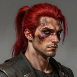 portrait, 30 years old man :: red hair ponytail :: burned face, grimy, rough :: high detail, digital art, RPG, concept art, illustration