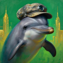 an intimate portrait of a gnarly dolphin sky captain, old skin, faded cap, charming, strong leader, metal eye piece, a look of cunning, big smile, detailed matte fantasy painting, golden cityscape, green, teal, velvet, fluorescent
