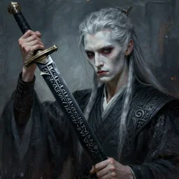 wide shot, fantasy painting of a pale man with a black blade covered in runes, painted by Bayard Wu, ultra detailed, 8k