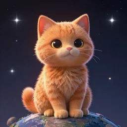 A fuzzy orange cat sitting on planet earth, space with stars in the background, eerie vibes, trending on artstation, 3D animation