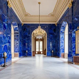 grand hall in a mansion with lapis lazuli walls