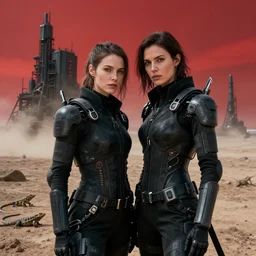 cinestill 5 0 d photographic portrait of two loving female androids wearing rugged black techwear on a desolate plain with a red sky, extreme closeup, lizard on ground, cyberpunk style, in front of a brutalist dark metal facility, dust storm, 3 5 mm, hd, high resolution, 8 k, f / 3 2, ultra realistic faces