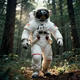 a 3 5 mm photo of a giant oversized american astronaut in spacesut walking in the woods, splash art, movie still, bokeh, canon 5 0 mm, cinematic lighting, dramatic, film, photography, depth of field, award - winning, backlighting, overcast, 8 k, hyper detailed, 3 5 mm film grain