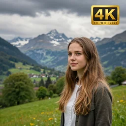 a beautiful photograph of a girl with switzerland landscape in the background with trees, hdr, 8 k, high quality, sharp focus, artstation, highly detailed, award - winning, dramatic lighting, beautiful clouds, and nature