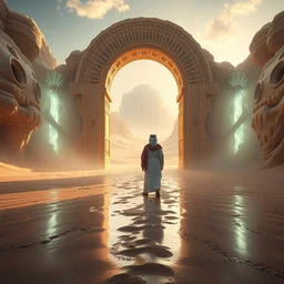 the gates of the utopia dimension with the a arab man and his brother standing, sand tsunami, artstation, volumetric light, high detail, reflections, perfect, concept art, hdr, 4 k