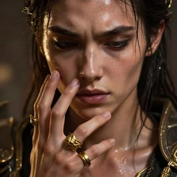 epic masterpiece torment, drama, sweaty skin, hyperrealistic, octane render, cinematic, beautiful face and flawless skin, perfect hands, 5 fingers,  gold by Ross Tran, Legends of Runeterra
