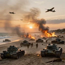 the | normandy!!!!! | landings, d - day, 1 9 4 5, sunset, | chaos!!! |, smoke, fire, soldiers charging in, airplanes bombing the beach, destroyed tanks, highly detailed, wide shot, sadness, cinematic, ultra | realistic!!! |, ray tracing, | ( ( painting ) ) | by jessica rossier and ivan shishkin