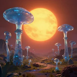 wide angle, alien landscape, glass mushrooms, spiral plants, twin suns alien worlds, awe, mystery | 8 k | trending on artstation | rendered in cinema 4 d | 8 k 3 d | cgsociety | zbrush | marvel comics | booru | flat shading | pixar | by james gurney