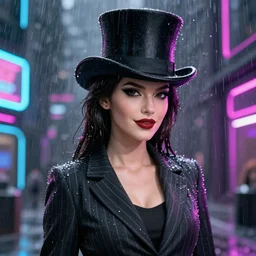 stylish woman cartoon portrait made out of rain, pinstripe suit, top hat, cyberpunk background, rendered in octane, unreal engine, highly detailed, trending on artstation, realistic, neon, beautiful