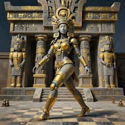 beautiful aztec inca woman colossus pacing to temple by eddie mendoza hyperrealism expressive eyes cyborgess checkmates symmetrical very very detailed giger beksinski grey and gold
