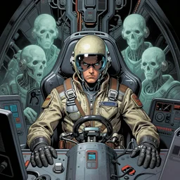 comic book illustration, a cyborg pilot in the cockpit, the ghosts in the machine, cyberpunk concept art by artgerm and Guy Denning and Moebius, highly detailed, intricate, sci-fi, sharp focus, Trending on Artstation HQ, deviantart